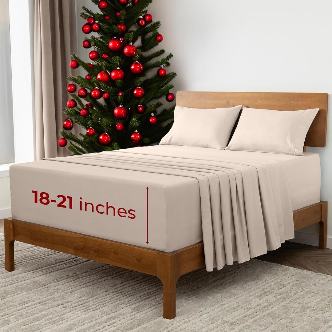 Mellanni Extra Deep Queen Sheets - 4 PC Iconic Collection Bedding - Hotel Luxury, Ultra Soft, Cooling Bed Sheets - Wrinkle, Fade, Stain Resistant (Queen, Beige)