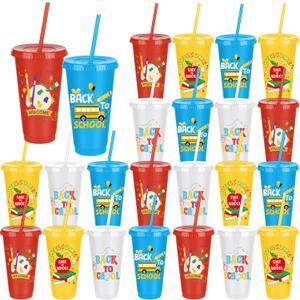 24 Pieces Back to School Plastic Cups 24 oz Tumbler with Straw and Lid Reusable Drinking Cups Water Bottles for First Day of School Party Supplies