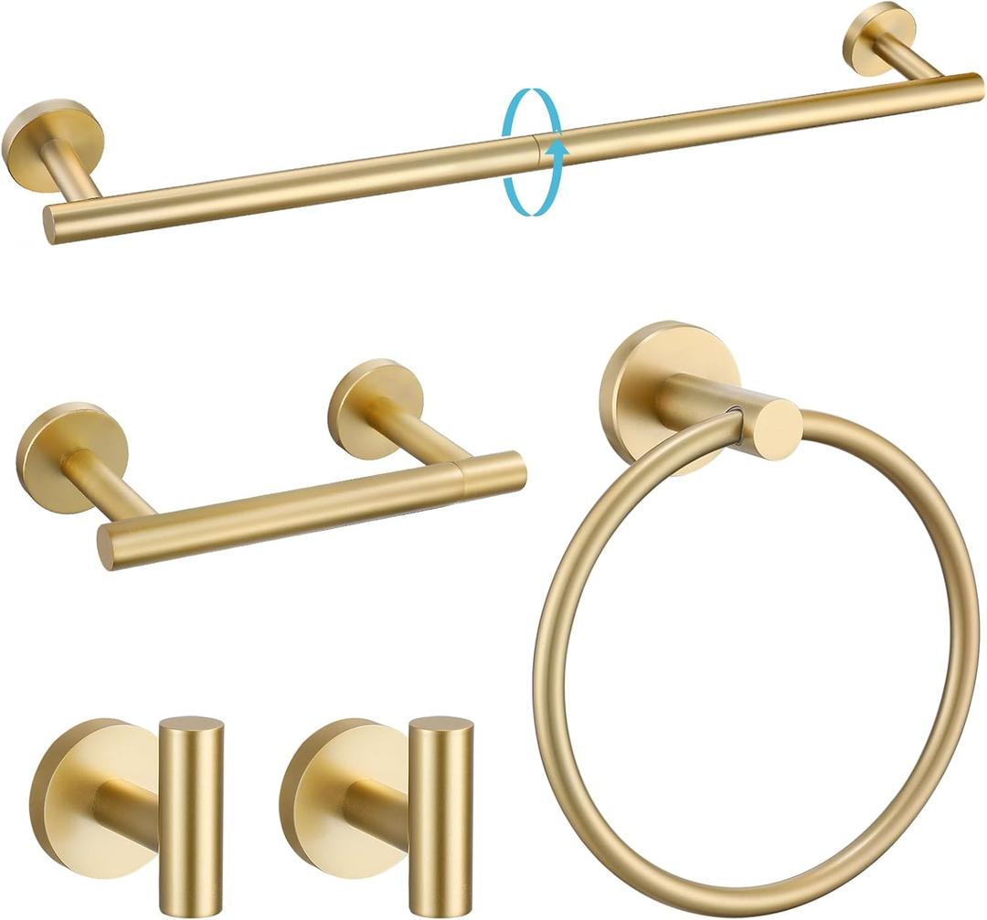 TURS Brushed Gold 5 Piece Bathroom Hardware Set, SUS304 Stainless Steel Bath Towel Bar Set, 24 Inch Round Bathroom Accessories Kit Wall Mounted