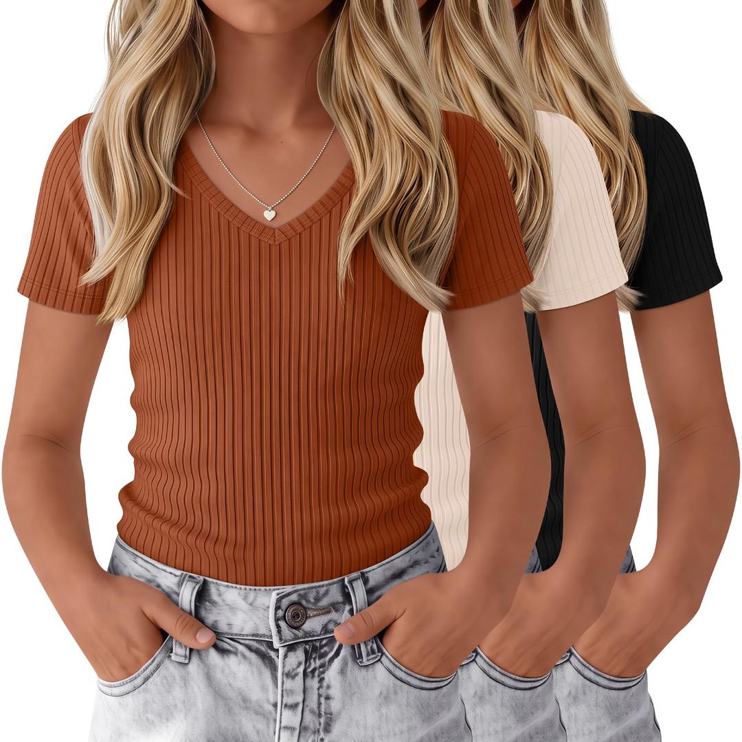 LessonZoo 3 Pack Girls Ribbed V Neck Shirts, 3-Color Set, 9-10 Years