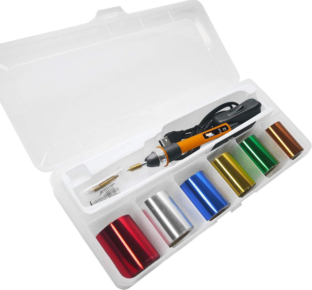 Hot Foil Embossing Stamping Pen with 6 Rolls Hot Foil Papers, USB Powered (with 4 Nibs) (Yellow) (Volles Stiftset mit 4 runden Spitzen)