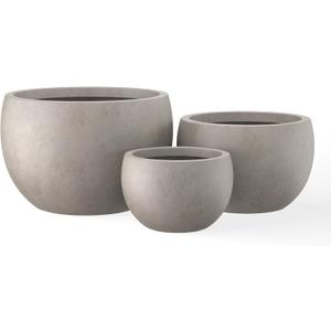 Kante 19.9",15.7",11.8" Dia Round Concrete Planter Set of 3, Outdoor/Indoor Large Bowl Plant Pots with Drainage Hole and Rubber Plug for Garden Patio Balcony Home, Weathered Concrete
