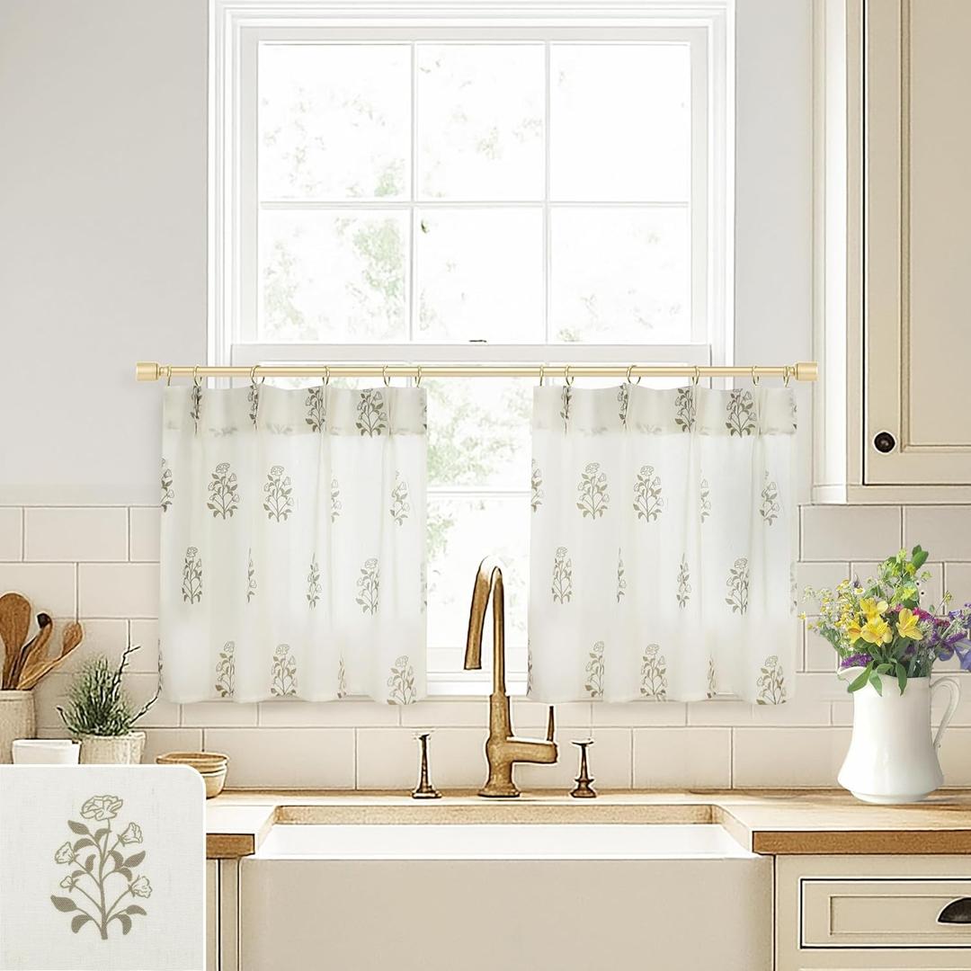 Boho Floral Linen Small Window Curtain for Kitchen Bathroom,Pinch Pleat Cafe Curtain 24x18 Inch Length Light Brown (Taupe)