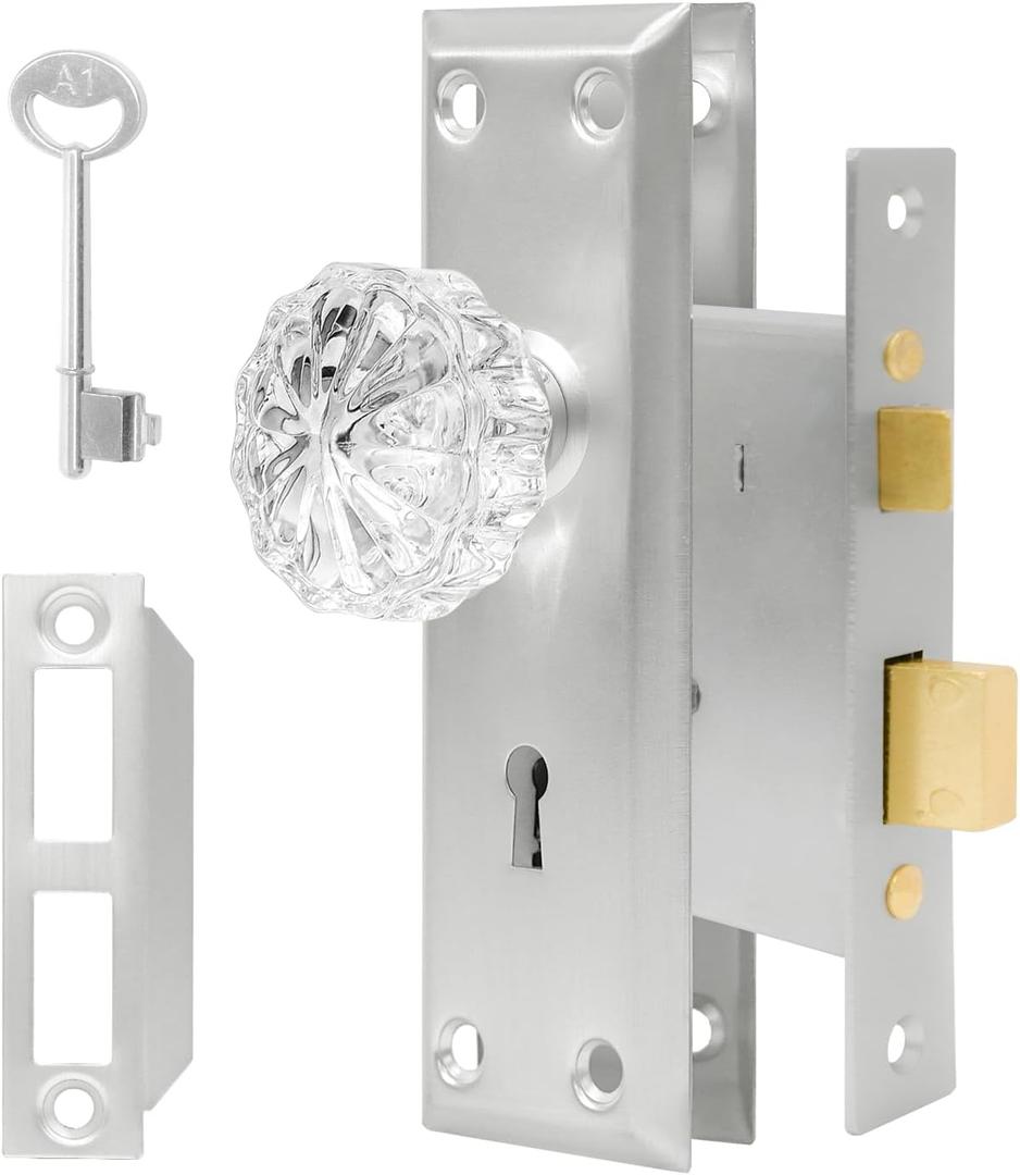 Mortise Lock Set for Interior Door - Vintage Crystal Glass Door Knobs with Skeleton Key & Brushed Nickel Finish 2 Pack