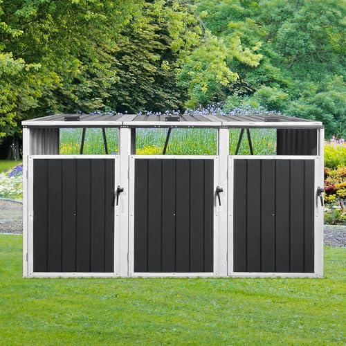 ESPIDOO Metal Outdoor Garbage Bin Shed: Heavy-Duty Galvanized Steel Storage for 3 Trash Cans - Lockable & Ventilated Design with Easy Assembly - Ideal for Gardens, Pools & Lawns