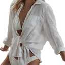 Bsubseach Women Long Sleeve Beach Shirt Blouses Bathing Suit Cover Up Button Down Collar (M, White)