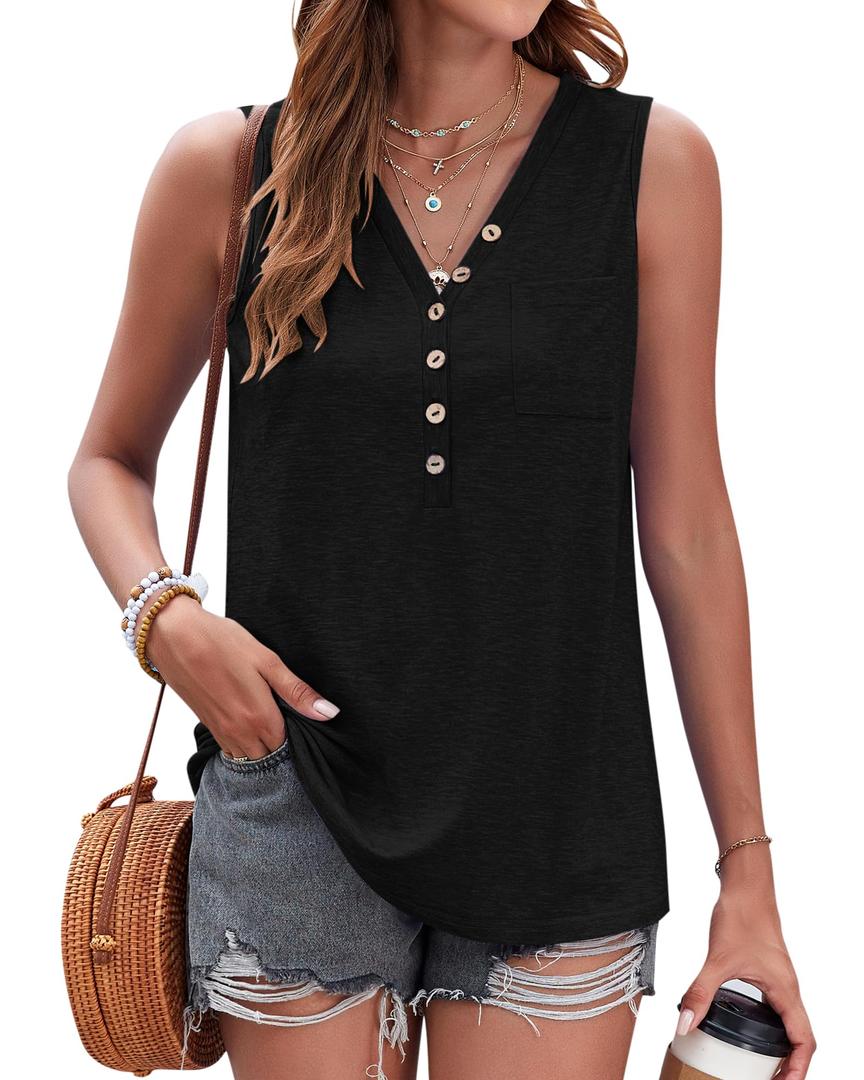 WNEEDU Summer Tank Tops for Women V Neck Tunic Tops Sleeveless Loose Fit T-Shirt with Pocket(Black,S)