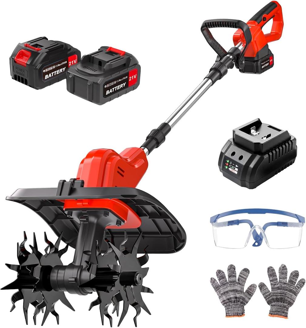 21V Cordless Tiller for Gardening, 120Mins Runtime Rototiller, 11.8" Width 6.6" Depth Garden Tiller with 2x4.0Ah Batteries, 360RPM Electric Cultivator for Lawn/Soil/Cultivation/Garden
