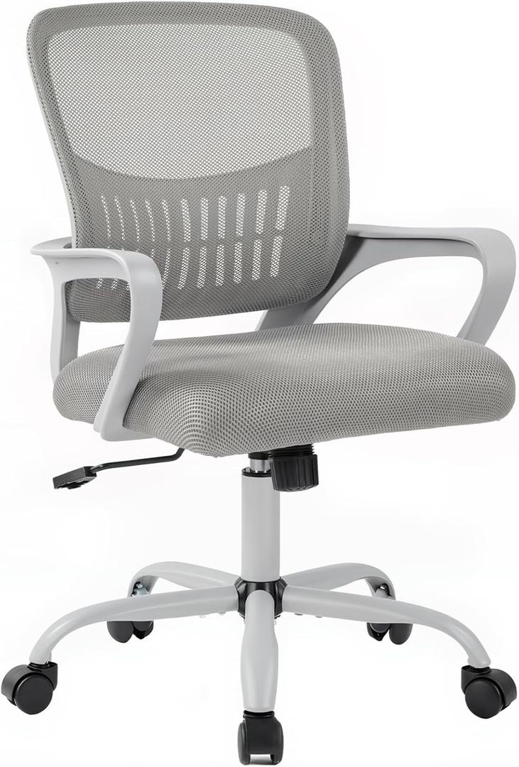 DUMOS Home Office Computer Chair - Ergonomic Mid Back Desk with Lumbar Support and Rocking Mode, Height Adjustable with Fixed Armrest, for Conference Meeting Room, 360 Swivel, Adults, Grey, pack of 1