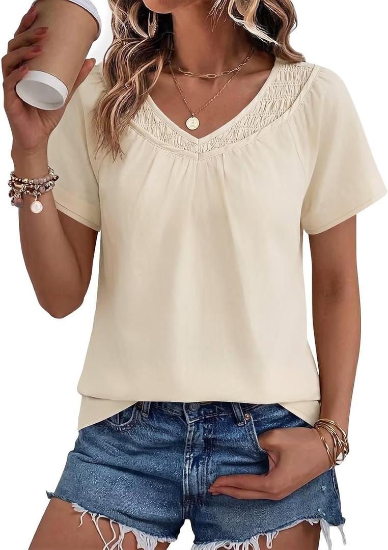 Falechay Women's Blouses Summer Short Sleeve Boho Tops V Neck Pleated Casual Flowy Loose Fit Cute Basic Tunic (L)