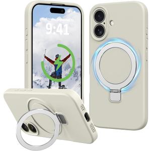 for iPhone 16 Case Stand, Slim Comfortable Liquid Silicone Phone Cases Compatible with MagSafe Magnetic Ring Kickstand Stand Case Full Camera Protection Fit for iPhone 16 6.1", White
