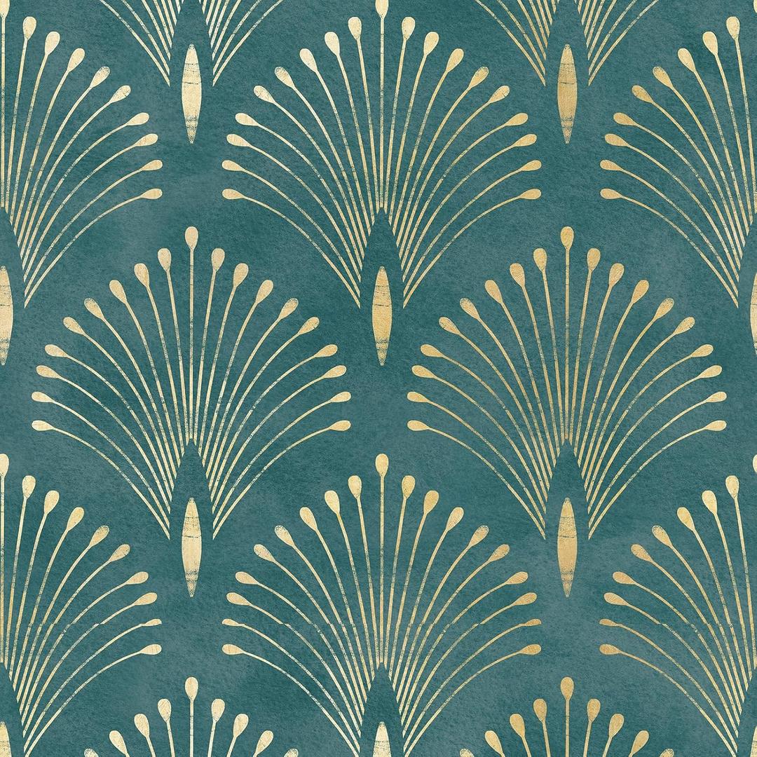 Livelynine 17.5x276 Art Deco Peel and Stick Wallpaper Vintage Teal Green Gold Elegant Wall Paper Renter Friendly Boho Peacock Feather Vinyl Wrap Self Adhesive Contact Paper Decorative for Furniture