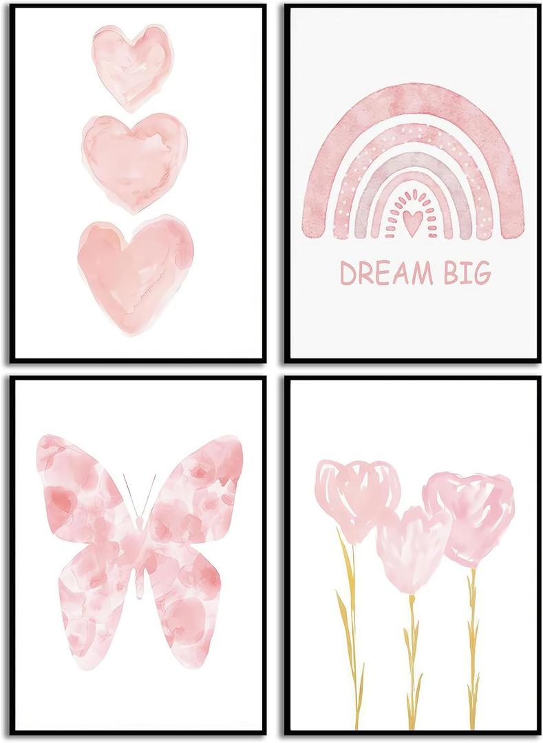 Bezhnio 4Pcs Pink Girl Nursery Wall Art,Toddler Girls Room Dream Big Canvas Posters. Watercolor Butterfly Rainbow Floral Pictures Prints.Artwork for Baby Girl Room Wall Decor 8x10in Unframed