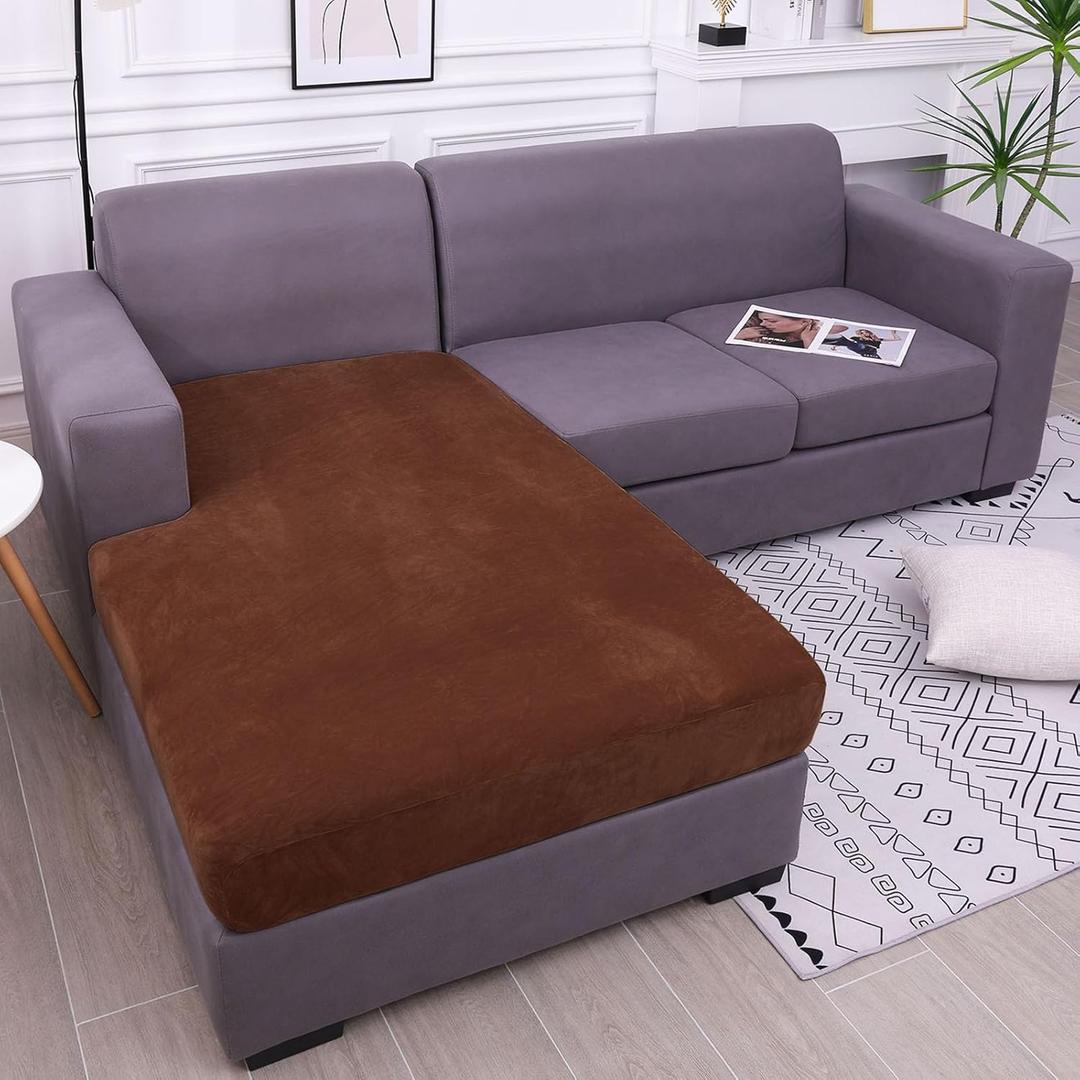hyha Velvet Couch Cushion Covers, Stretch Chaise Lounge Sectional Couch Seat Covers L Shape for Sectional Sofa, Soft Sofa Cushion Slipcover Washable with Elastic Bottom(XL Chaise, Brown)