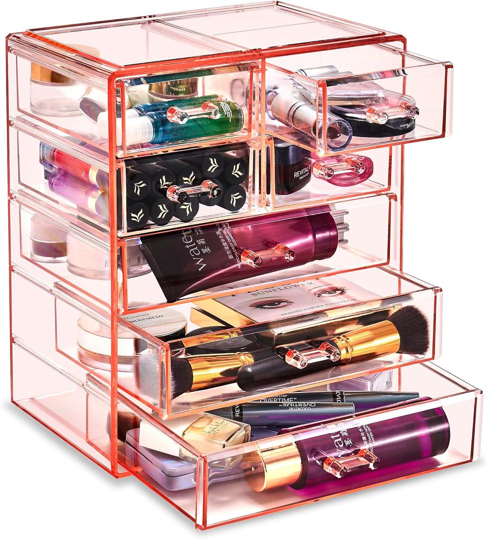 Sorbus Acrylic Makeup Organizer - Organization and Storage Case for Cosmetics Make Up & Jewelry - Big Clear Makeup Organizer for Vanity, Bathroom, College Dorm, Closet, Desk (3 Large, 4 Small Drawers) (Pink)