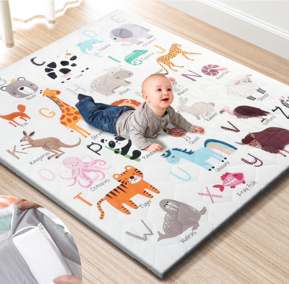TINYHARBO Premium Foam Baby Play Mat 50" x 50" – Removable & Machine Washable Cover, Extra Thick Padding Playpen Mat, NonSlip Crawling Mat, Easy to Clean for Infants, Toddlers & Babies