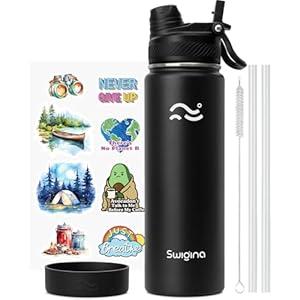 Swigina [2-IN-1 LID] Insulated Water Bottle with Silicone Boot (36hrs Cold/ 18hrs Hot) - DIY Stickers, Leakproof, BPA Free, Black, 24 oz