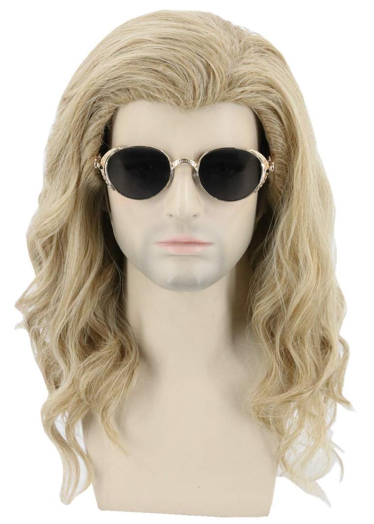 Topcosplay Mens Wigs Long Curly Hippie Rock Wigs Ash Blonde Cosplay Halloween Costume Party Wig