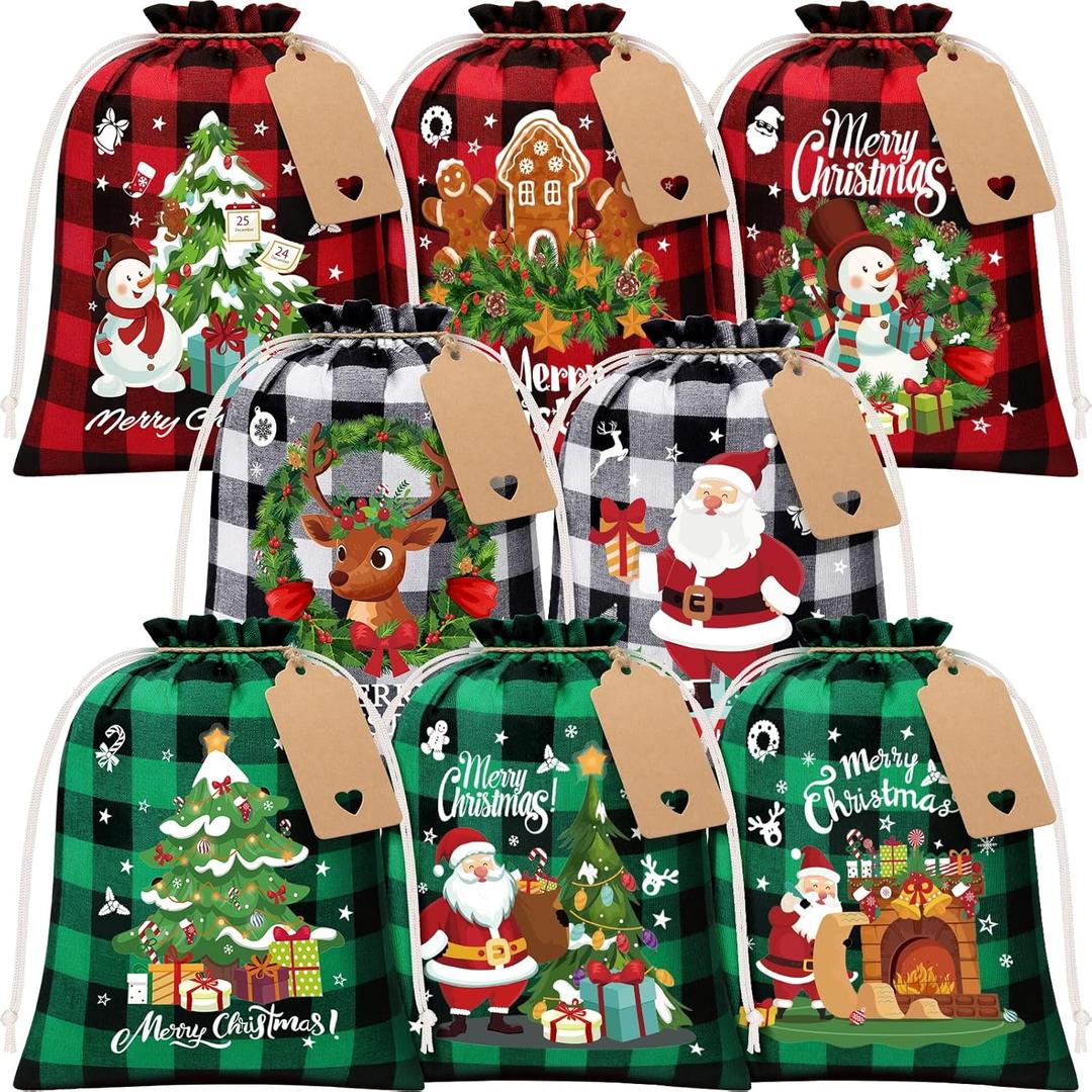FLOE 24Pcs Burlap Christmas Drawstring Bags, 8x10in Buffalo Plaid Xmas Gift Bags w/Tag Xmas Candy Bag Medium Christmas Linen Treat Goody Gift Sacks Reusable Gifts Wrapping Bag for Holiday Party Favor (Red, Green & White Black)