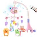Crib Mobile with Music and Lights, Baby Mobiles for Cribs, Nursery Musical Mobile for Bassinets Toys Hanging Girls Boys, Pack and Play Space Portable Animal Mobile Hanger Arm Clip On Attachment (Pink)