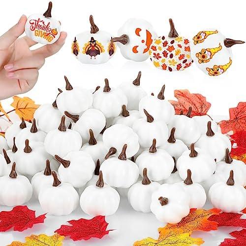 Tigeen 100 Pcs Artificial Pumpkins 1.8 x 2.2 Inch Mini Fake Pumpkin White Rustic Pumpkin Decor Foam Pumpkins DIY Craft for Wedding Thanksgiving Fall Harvest Halloween Centerpieces Tabletop Decoration