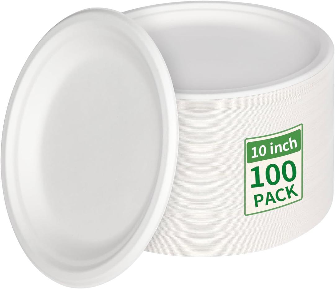Aricsen 100 Pack 10 Inch Compostable Disposable Round Paper Plates, Natural White Biodegradable Sugarcane Bagasse PFAS-Free Eco-Friendly Dinner Plates for Party Wedding Picnic BBQ (100, 10 INCH)