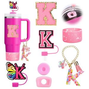 Pack Of 2 7PCS Pink Stanley Cup Accessories Set For 30/40 Oz Tumblers, Straw Cap Cover, Boot, Initial Letter Charm，Anti-Spill Round & Square Stoppers, For Girls Women Gift(Letter K)