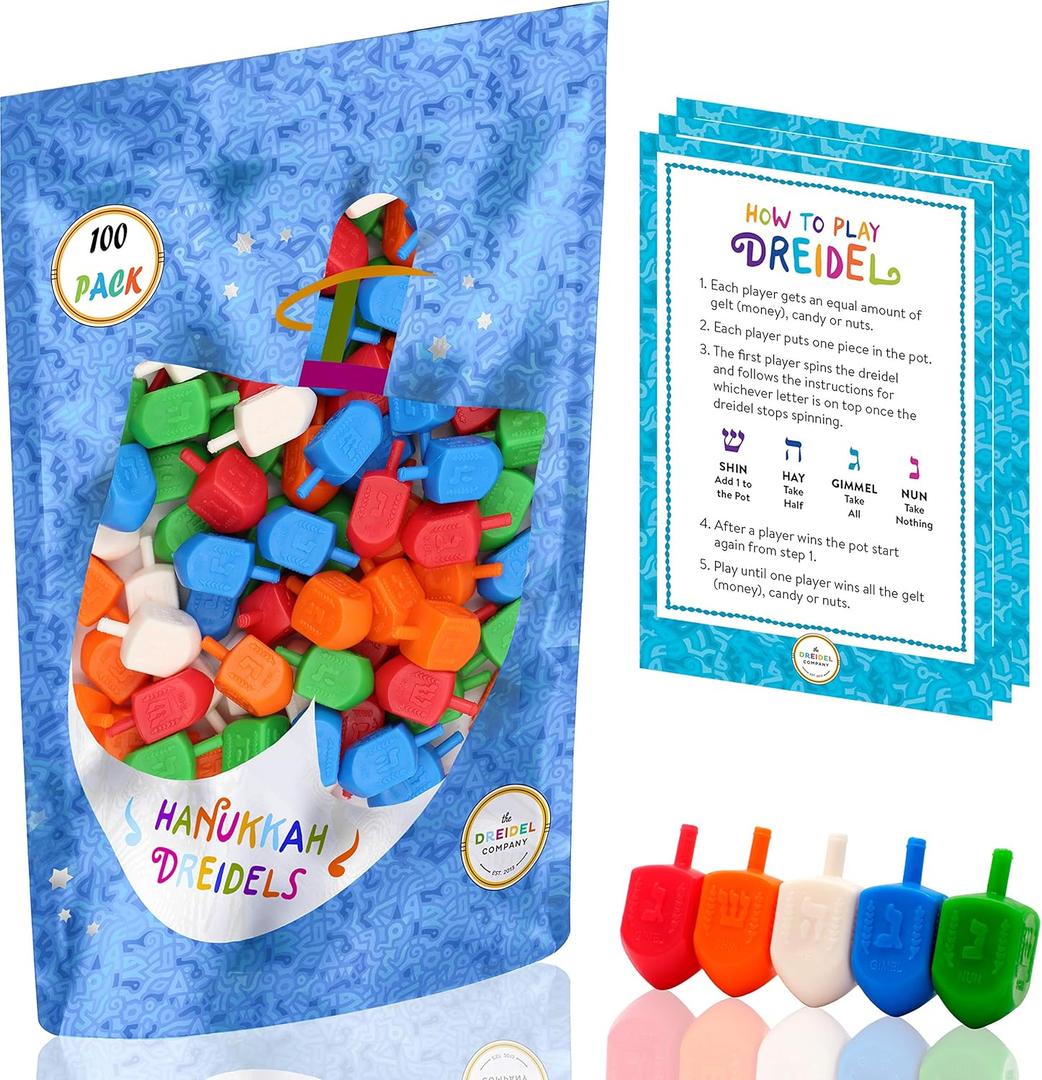 100-Pack Hanukkah Dreidels Multicolor Plastic Chanuka Draydels with English Transliteration, Includes Dreidel Game Instruction Cards