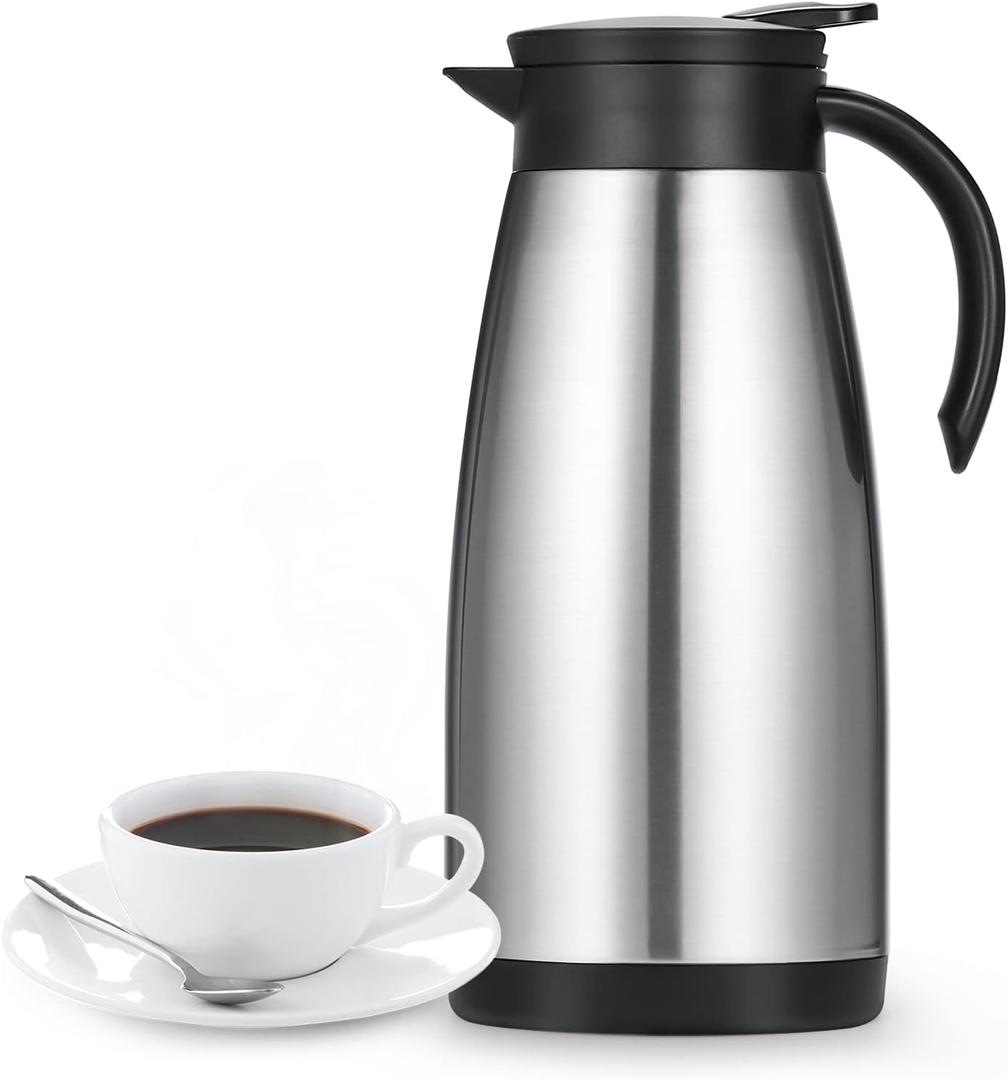 50 Oz Insulated Coffee Carafe, Stainless Steel and Double Walled Vacuum Thermal Coffee Carafe Pot for Keeping Hot, Coffee & Tea For 12 Hours Heat Retention, Silver