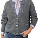 Saodimallsu Women's Chunky Knit Cardigan Button Down Crewneck Long Sleeve Cropped Sweater with Pockets (M)