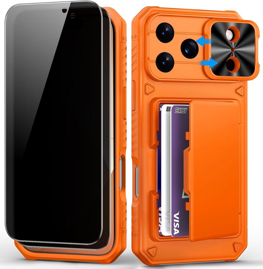 for iPhone 17 Pro Max Case Wallet2 Privacy Screen Protectors, Card Holder (4-5 Cards), Slide Camera Cover, Military Grade Drop, Heavy Duty Men Women Phone Case for iPhone 17 Pro Max, Orange