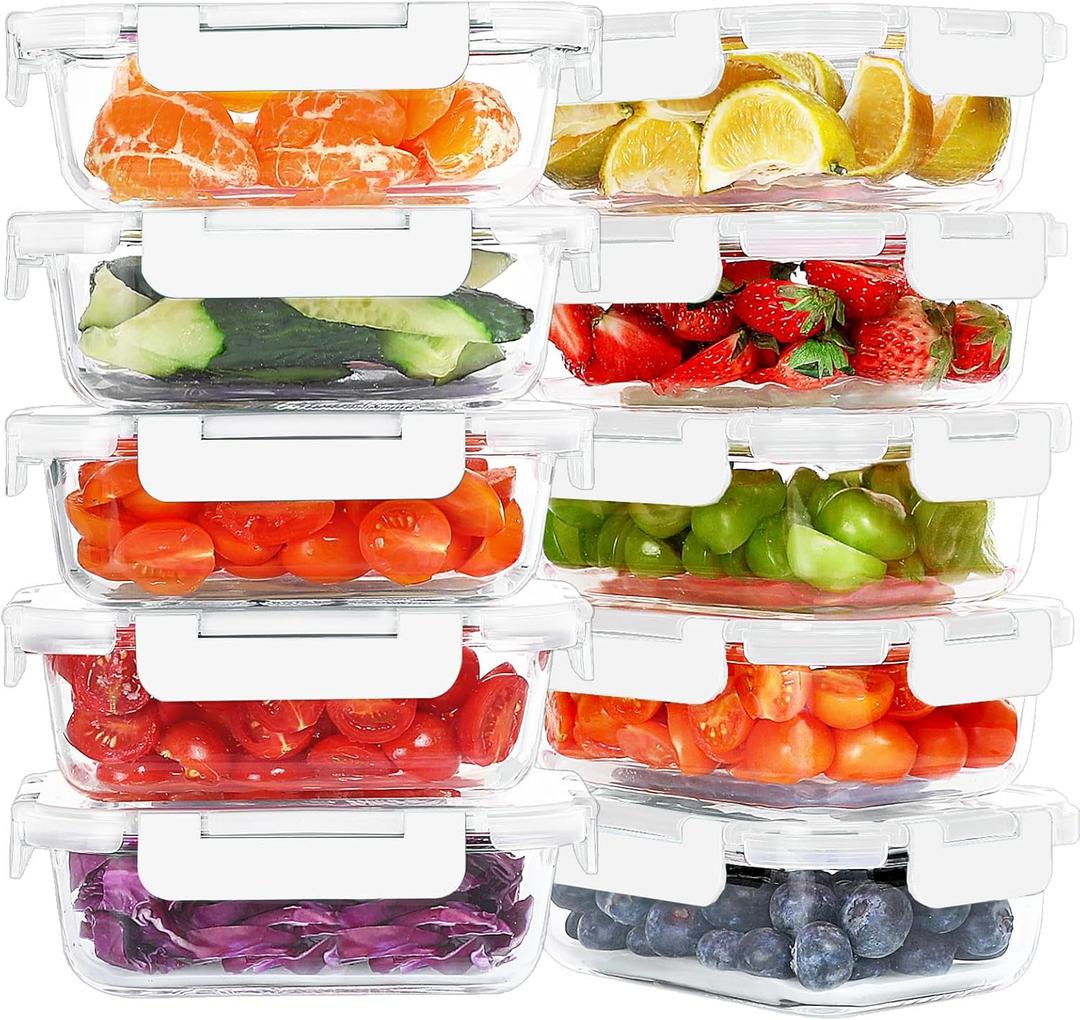 KOMUEE 10 Packs 22 oz Glass Meal Prep Containers, Glass Food Storage Containers with Lids, Airtight Lunch Boxes BPA Free, Microwave and Freezer Safe, White