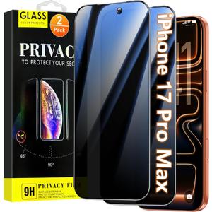 Oterkin 2 Pack Privacy Screen Protector for iPhone 17 Pro Max 6.9'' Tempered Glass Private Saver Anti-Spy Eye Protection Full Coverage Anti-Scratch Case Friendly
