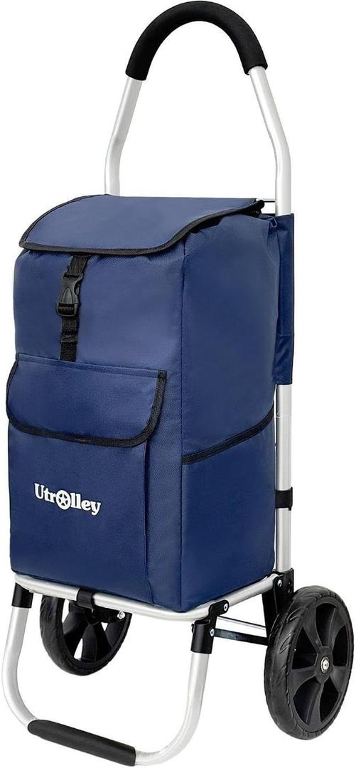 Ultra-Lightweight Blue Foldable Shopping Cart for Groceries Large 42L Capacity Rubber Wheels, Removable Insulated Bag Liner, Durable Aluminum Frame, Multi-Function Personal Hand Truck