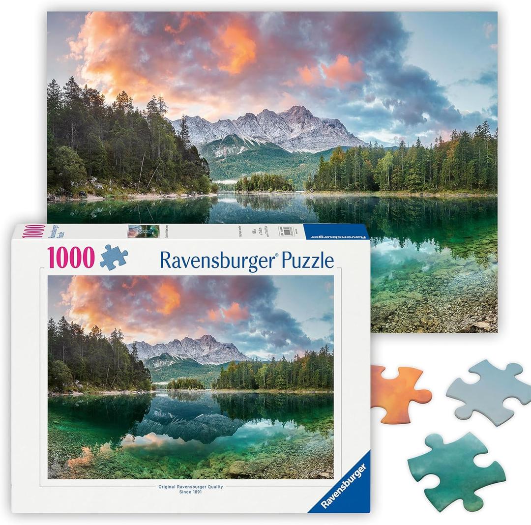 Ravensburger - Eibsee Lake, Germany - 1000 Piece Jigsaw Puzzle - Stunning, Peaceful Lake at Sunrise - Majestic Mountains & Lush Forest - Ideal Gift - Frameable Art - Puzzles for Adults