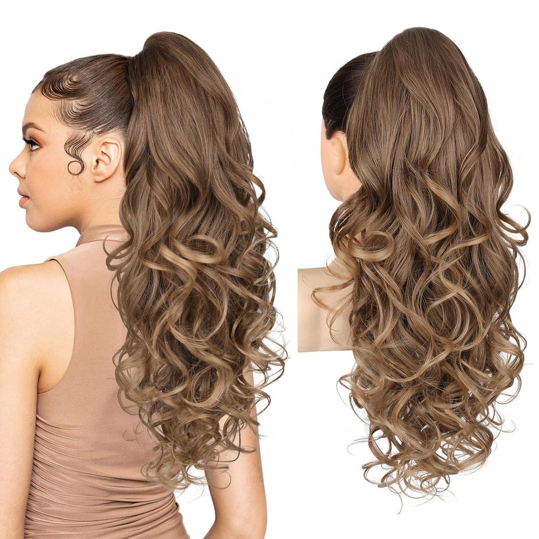 REECHO Ponytail Extension, 24" Claw Clip in Ponytail Extensions Long Curly Wavy Ponytail Hair Extension Jaw Clip on Pony Tails Hairpiece for Women - Dark Ash Blonde with Golden Ends
