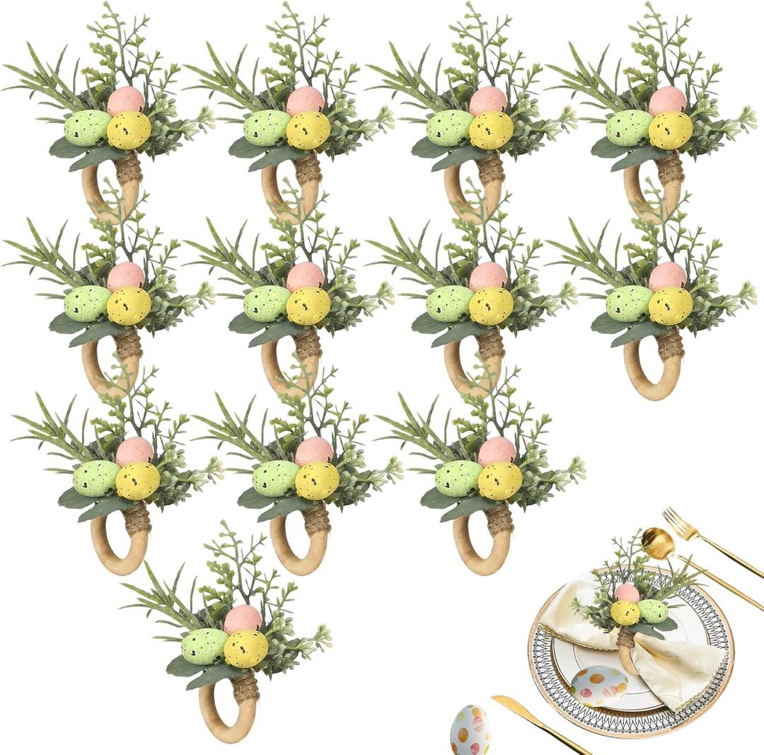 12 Pcs Easter Eggs Napkin Rings with Leaves Spring Napkin Ring Holders Farmhouse Buckle Ring Holder for Spring Easter Table Settings Kitchen Decor, Family Dinner Party