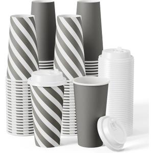 JOLLY CHEF 100 Pack 20 oz Disposable Coffee Cup with Lids, Printed Hot Paper Coffee Cups for Home, Business, Restaurant (Stripes and Grey)