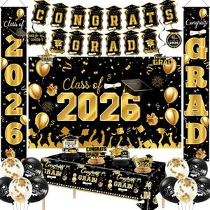 Crenics Black and Gold Graduation Decorations - Class of 2026 Backdrop, Banner, Tablecloth, Porch Banner, Haning Swirls, Honeycomb Centerpieces and Balloons for Graduation Party Supplies