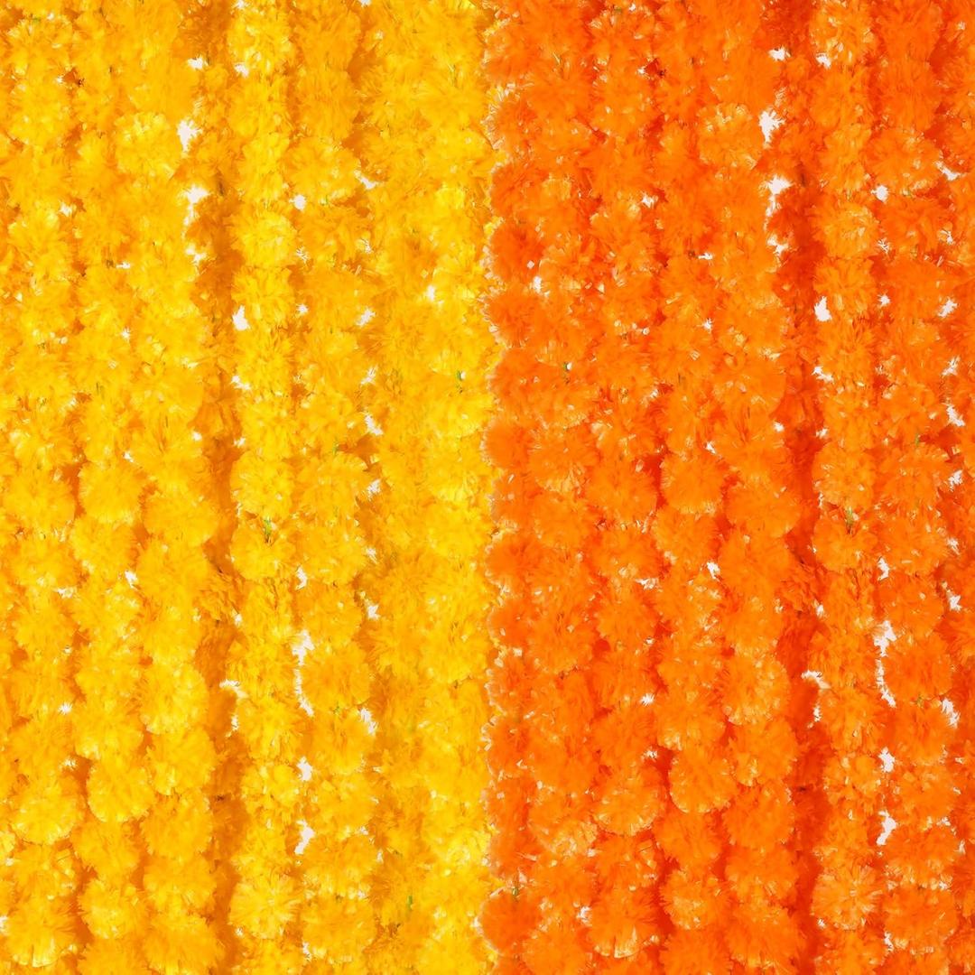 Giegxin 15 Pack Marigold Garland for Decoration 5 ft Long Strands Faux Artificial Marigold Flowers Diwali Indian Wedding Party Mantle Decor for Da De Muertos Pooja Religious Pongal (Yellow,Orange)