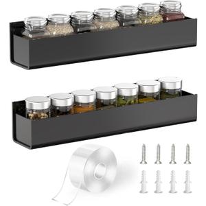Adhesive Acrylic Spice Rack Organizer for Wall with Nano Double Sided Tape, Spice Shelf Organization for Kitchen Cabinet Door/Pantry Door, Wall Mount Seasoning Rack (Black-2 Pack)