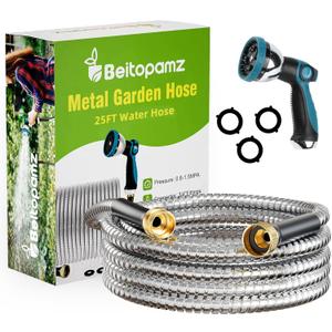 Beitopamz Garden Hose 25 ft, Stainless Steel Metal Water Hose with Nozzle, Flexible and Durable, Rust Proof, No-Kink, Heavy Duty, Leakproof 3/4'' Brass Fittings, Lightweight Hose for Patio, Lawn