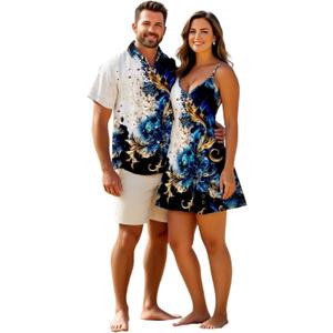 DRESSFO Couple Matching Hawaiian Outfits Abstract Print Sleeveless V Neck Dress or Men's Roll Up Sleeve Shirts Outfit (Men Deep Blue), XL 