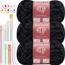 LUNARM Chenille Yarn for Crocheting Knitting, 3 Pack of 100g/3.5oz Velvet Yarn Thick Soft Chunky Fluffy Weaving Plush for Blankets Clothes Pattern Creations 263 Yard with Big Eye Needles (Black) (Solid Color)