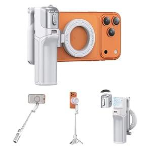 [3 in 1] Magnetic Phone Camera Shutter Grip, Extendable Selfie Stick & Tripod Portable for Magsafe iPhone & Android with Detachable Wireless Shutter Button Remote Control Ergonomic Handle - White