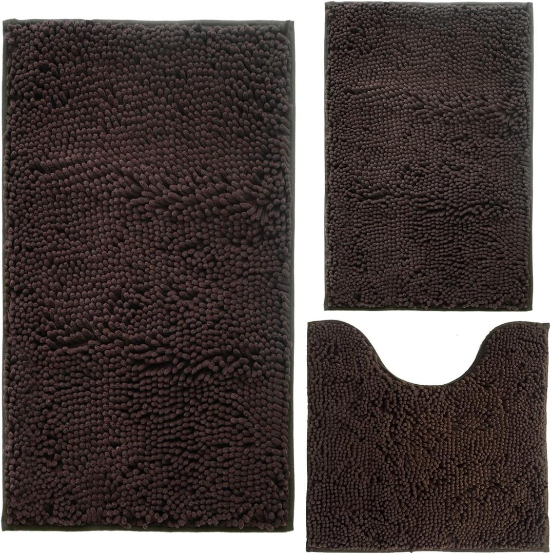 Bathroom Rugs Chenille 3-Piece Extra Soft and Absorbent Shag Bathroom Rugs, Machine Wash Mat, Strong PVC Non-Slip Underside, Plush Carpet Mats (Coffee) 2'8" x 1'8" (16x24"+20x32"+20x20"U Shape）