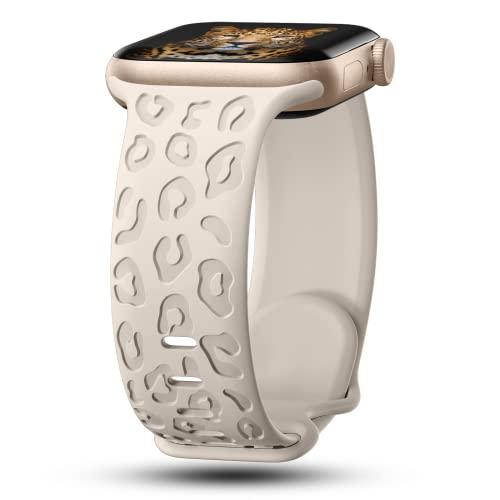 CreateGreat Leopard Engraved Bands Compatible with Apple Watch Band 42mm 44mm 45mm  Women, Cheetah Silicone Strap Compatible with iWatch Series 10 9 8 7 6 5 4 3 2 1 SE Ultra,Starlight