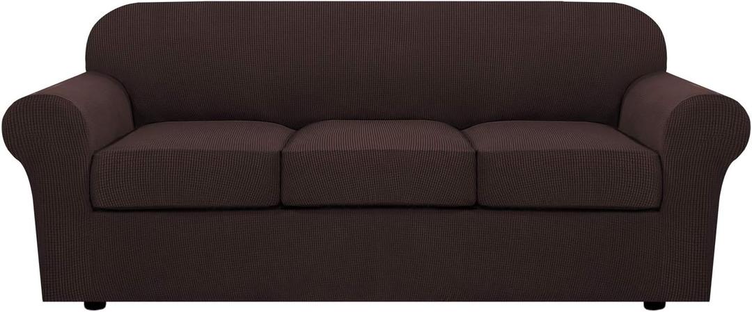 H.VERSAILTEX 4 Piece Stretch Sofa Covers for 3 Cushion Couch Covers for Living Room Furniture Slipcovers (Base Cover Plus 3 Seat Cushion Covers) Upgraded Thicker Jacquard Fabric (Sofa, Chocolate) (Large)
