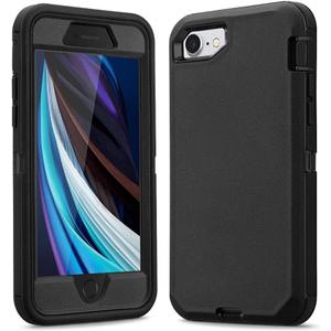 for iPhone SE 2022 / iPhone 7 / iPhone 8 Case 3 in 1 Full Body Heavy Duty Defender Shockproof Hard Bumpe Soft Silicone Cover with Screen Protector (Black)