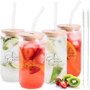 KIWI & MOA Drinking Glasses 18oz Capacity, with Bamboo Lids and Glass Straws, Set of 4, for Mixed Drinks, Cocktails, Beer, Iced Coffee/Tea, Fresh Juice, Smoothies, Parties/Gifts (Branded)